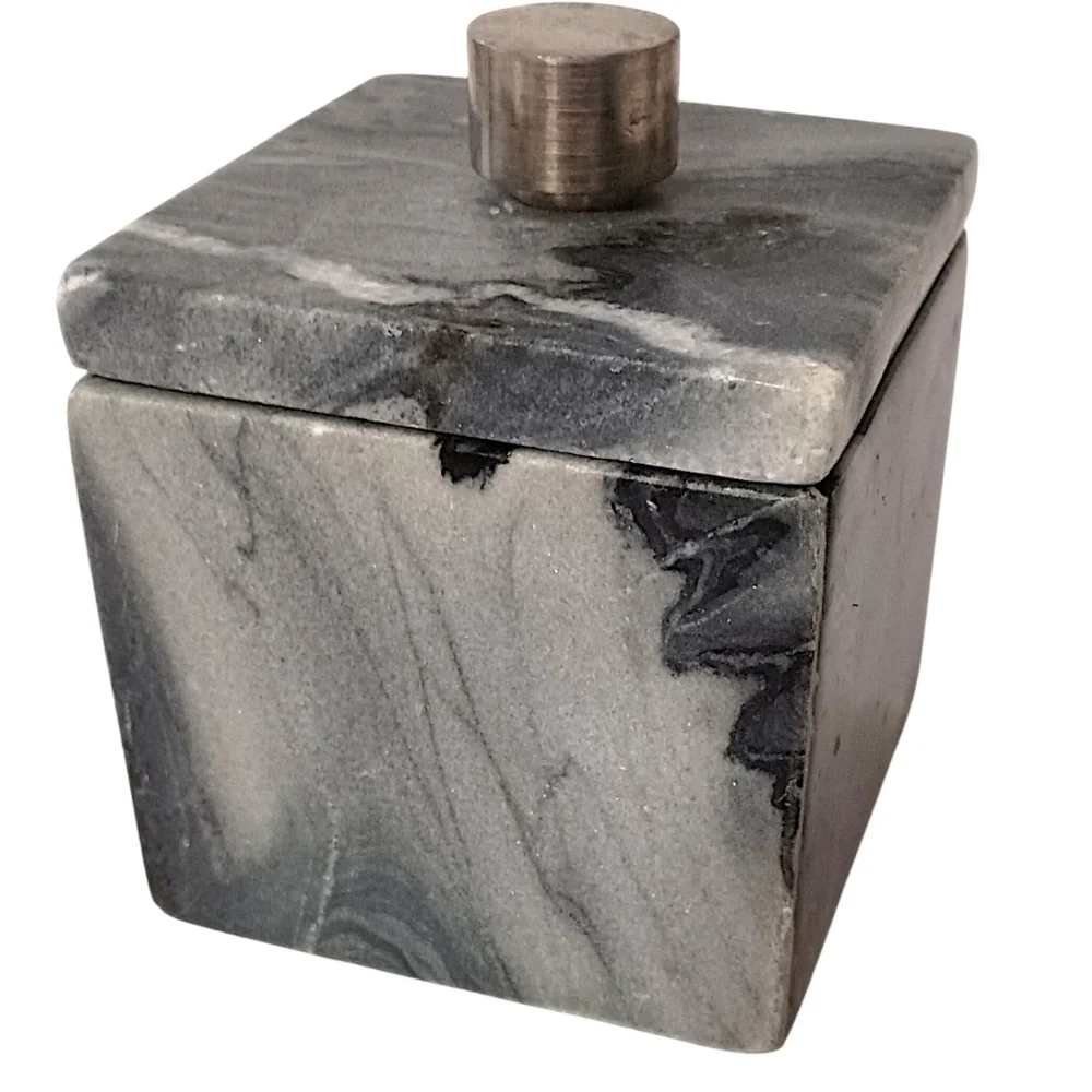Marble Natural Stone Bathroom Storage Container Canister Silver Tone Handle Gray